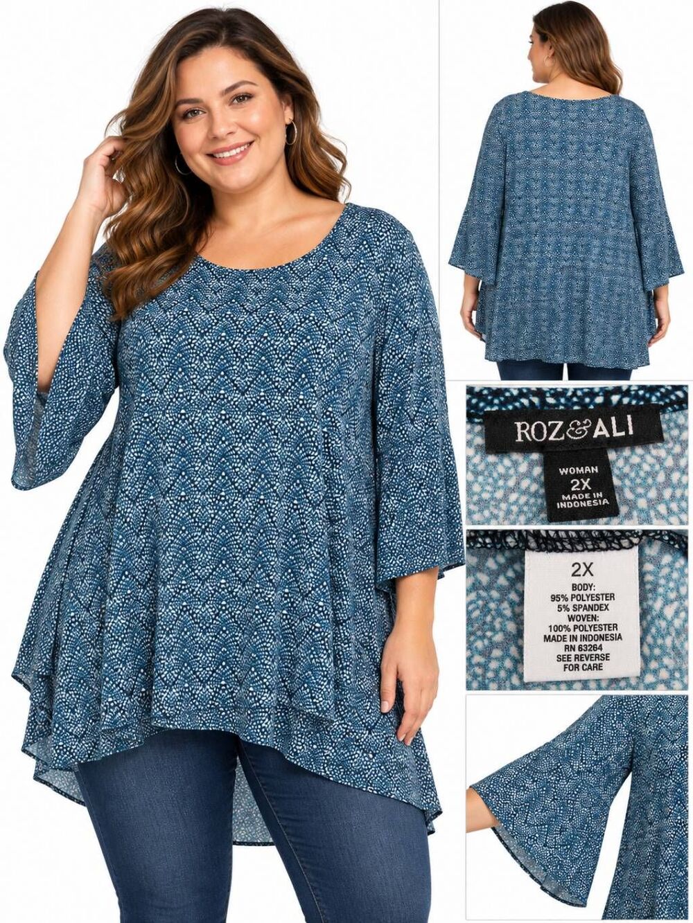 Roz & Ali 2X Blue Geometric Bell Sleeve Tunic Top